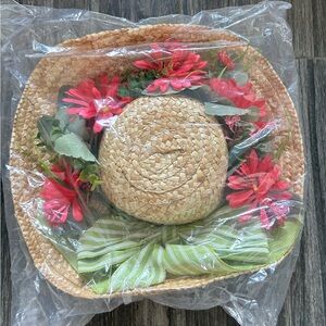 Straw Hat wreath with Pink Flowers and Green Ribbon boho hippie home decor